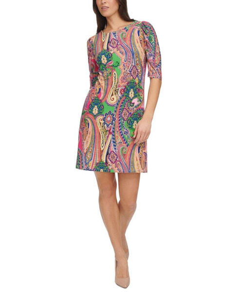 Petite Paisley Ruched-Sleeve Jersey Shift Dress