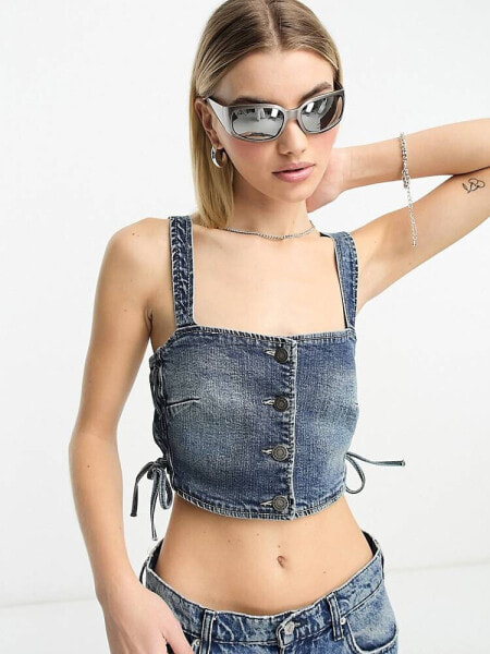 Stradivarius STR denim crop top with lace up side in washed blue 