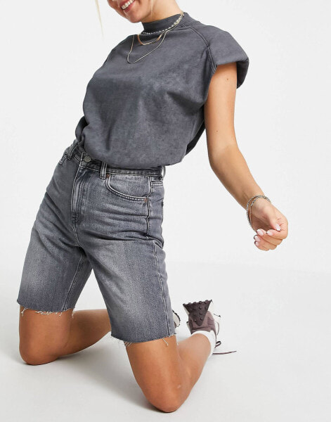 Dr Denim Echo super high rise straight leg denim shorts in washed grey