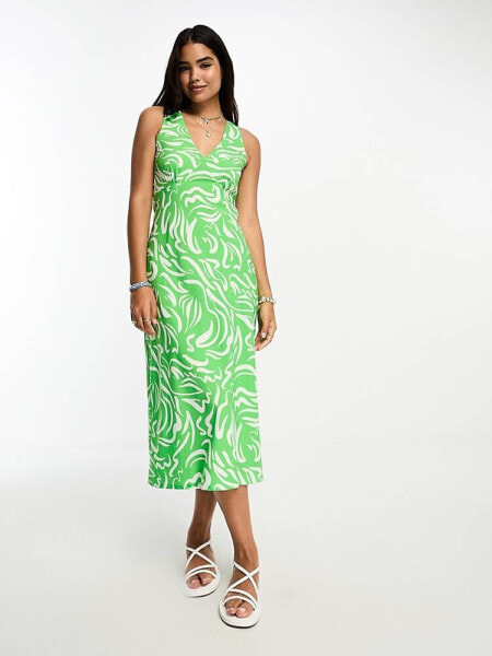 New Look v neck midi column dress in green mark making pattern