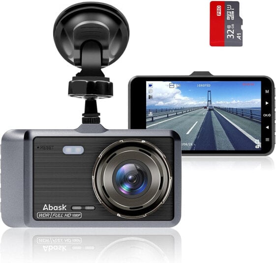 Abask Dash Cam Car Front 1080P Car Camera with 32GB SD Card, 4 Inch, 170° Wide Angle, Night Vision, WDR G-Sensor, Loop Recording, Parking Monitoring, Motion Detection, Reversing Aid, Screen Saver