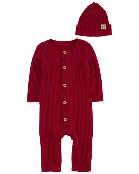 Baby 2-Piece Red Sweater Jumpsuit & Cap 12M