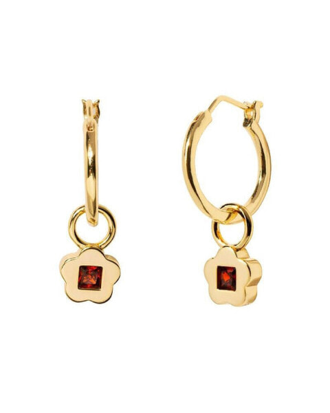 Women's 14K Gold Plated Earrings Garnet Flower Hoops