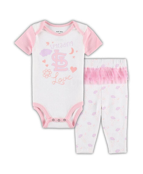 Newborn and Infant Boys and Girls White and Pink St. Louis Cardinals Spreading Love Bodysuit and Tutu with Leggings Set