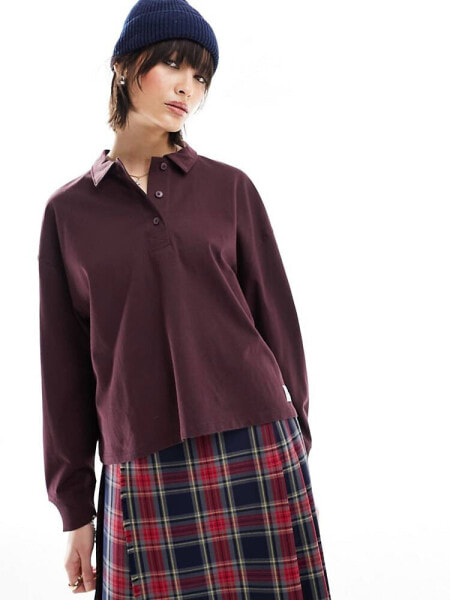 Lee long sleeve polo top in burgundy