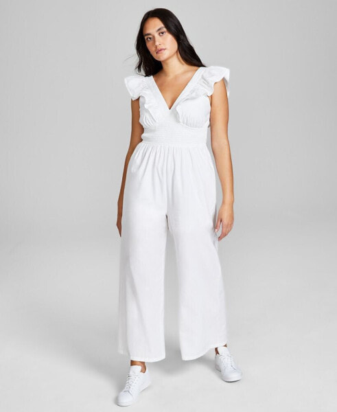 Women's Cotton V-Neck Ruffled Jumpsuit, Created for Macy's