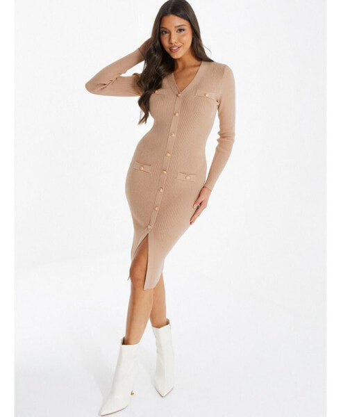 Women's Gold Button Pocket Knit Long Sleeve Dress