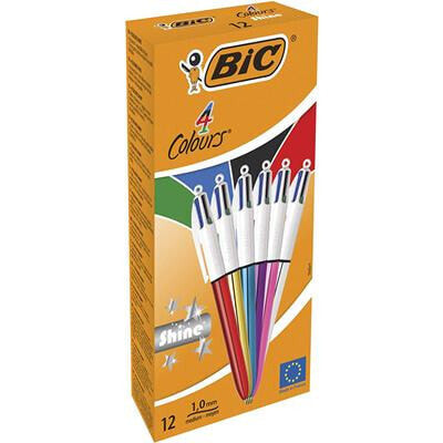 BIC 4 Colours Shine - Clip - Clip-on retractable ballpoint pen - Refillable - Black,Blue,Green,Red - 12 pc(s) - Medium
