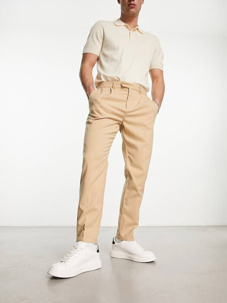 New Look tapered pleat front trousers in stone