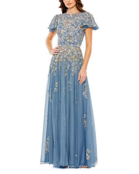 Mac Duggal Embellished Butterfly Sleeve High Neck Gown Women's