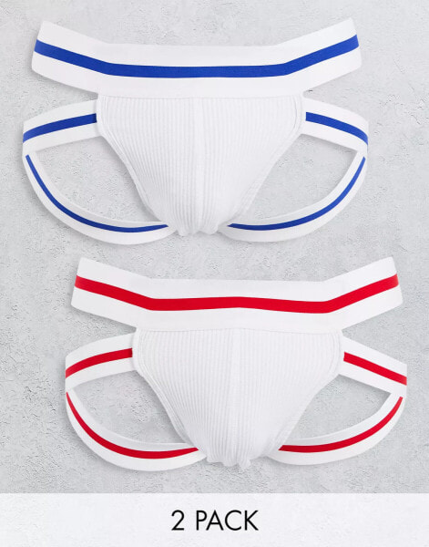 ASOS DESIGN 2 pack rib jock strap with striped waistband