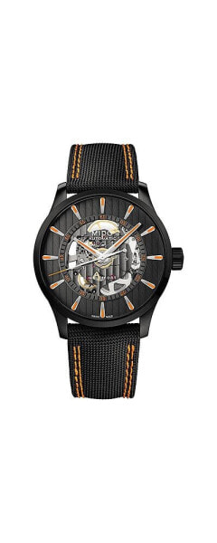 Men's Swiss Automatic Multifort Skeleton Vertigo Black and Orange Fabric Strap Watch 42mm