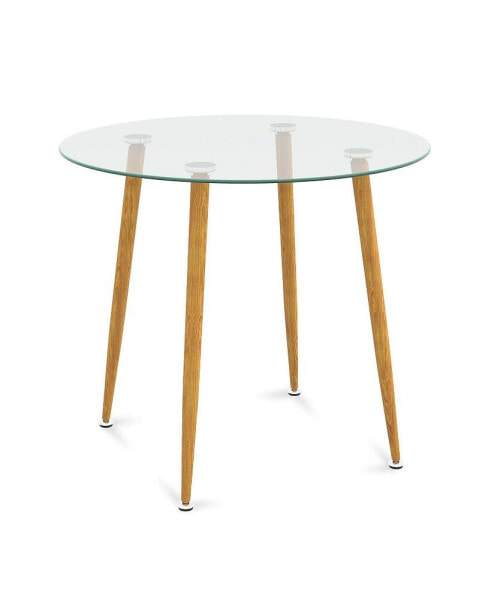 Round Glass Dining Table Leisure Coffee Table with Metal Legs-Natural