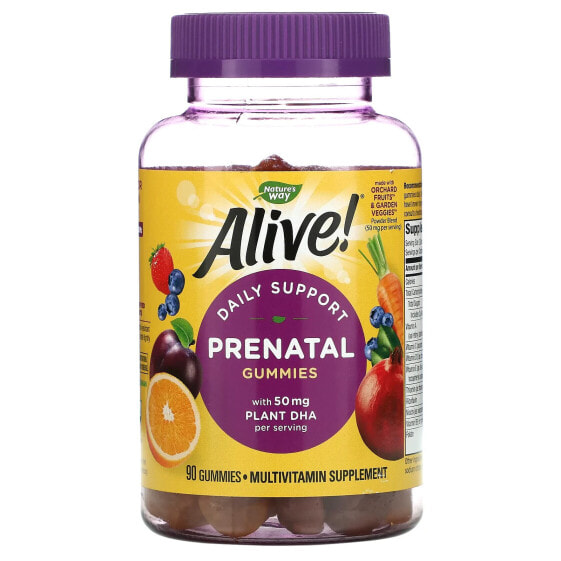 Витамины для беременных NATURE'S WAY Alive! с растительным DHA, апельсин и малиновый лимонад, 90 жевательных мишек