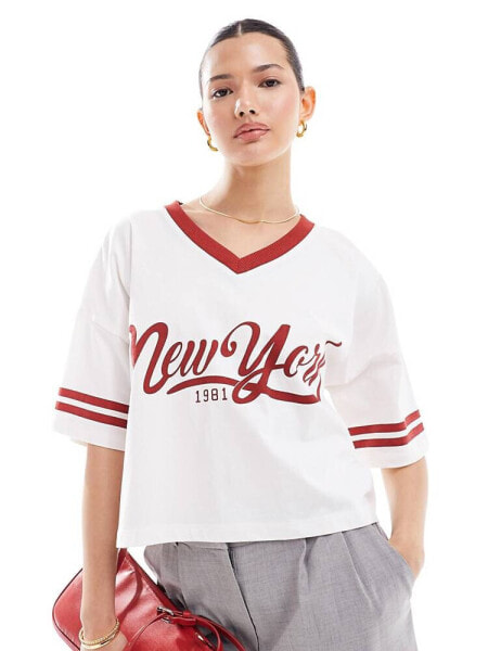 Miss Selfridge short sleeve V neck New York tipped cropped t-shirt in white and red