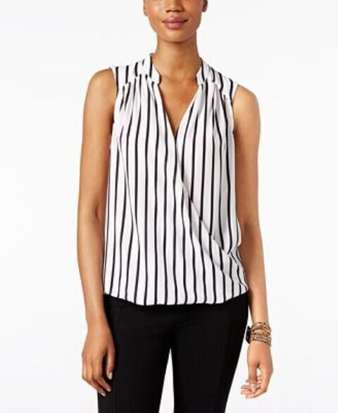 INC International Concepts Women's Surplice neckline Stripe Blouse Black White 8