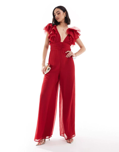 ASOS DESIGN ruffle sleeve cross back wide leg jumpsuit in red