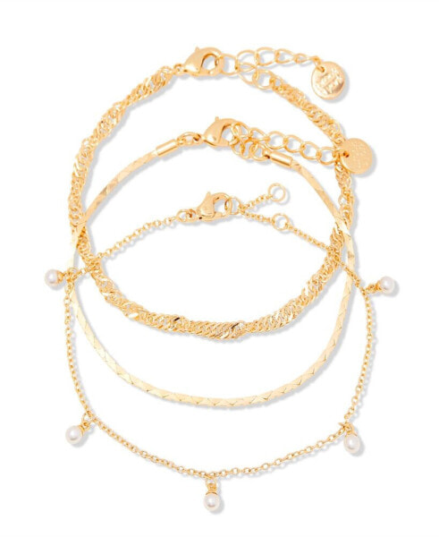 "14k Gold" Darcy Imitation Pearl Bracelet Set, 3 Piece