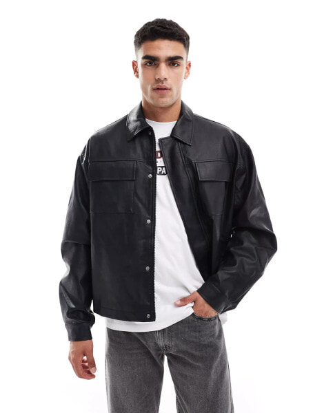 ASOS DESIGN faux leather oversized shacket with pockets in black