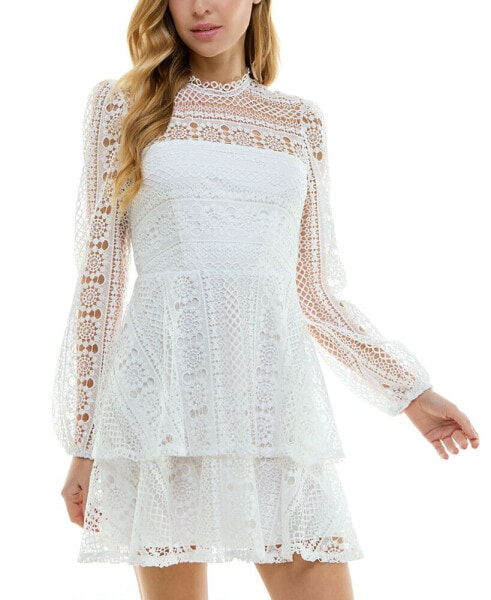 Juniors' Long-Sleeve Tiered Lace Dress