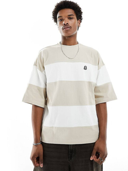 Dr Denim Curtis oversized fit t-shirt in pale taupe stripe