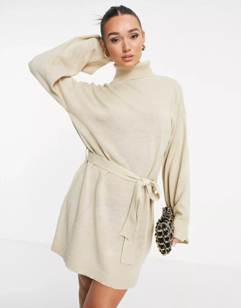 Pretty Lavish tie waist knit mini dress in beige