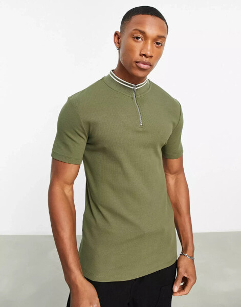 ASOS DESIGN short sleeve t-shirt with mock neck and taping detail in khaki