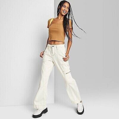Women's High-Rise Cargo Baggy Jeans - Wild Fable Off-White 0