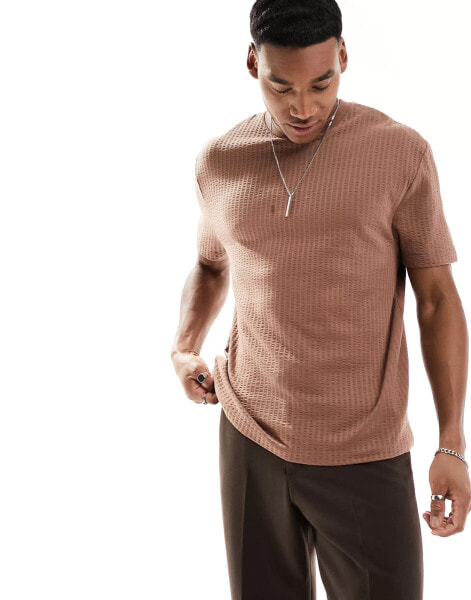 ASOS DESIGN relaxed seersucker t-shirt in brown