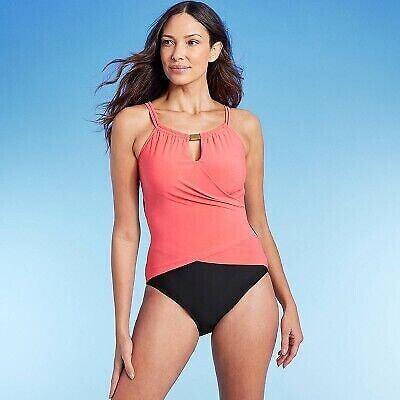 Women's High Neck Keyhole Wrap One Piece Swimsuit - Aqua Green Coral Pink S
