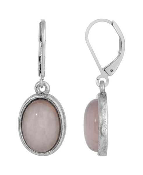 Silver-Tone Semi Precious Rose Quartz Oval Drop Earrings