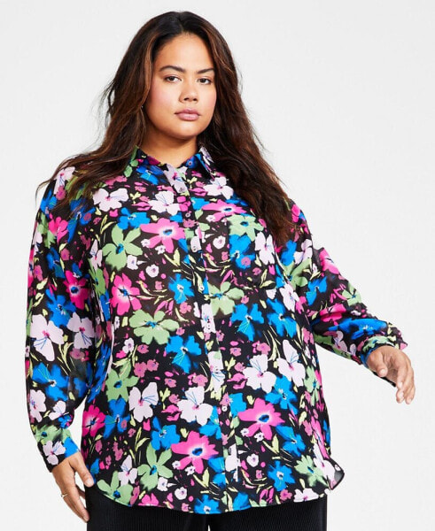 Plus Size Floral-Print Button-Down Chiffon Blouse, Created for Macy's