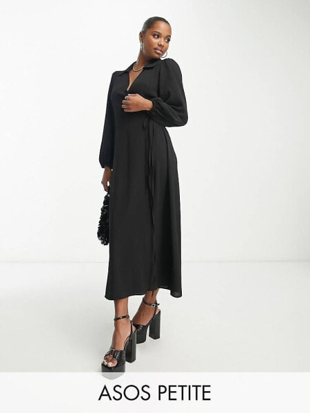 Платье повседневное ASOS DESIGN Petite – Черное миди-платье на запахе с воротником