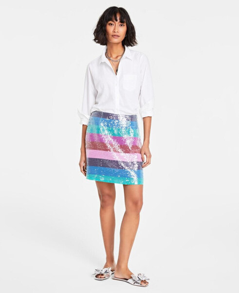 Women's Mid-Rise Boardwalk-Stripe Sequined Mini Skirt, Created for Macy's