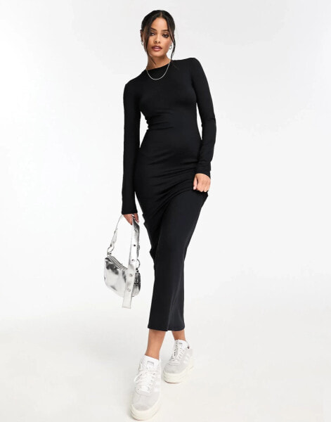 Bershka long sleeve open back shaping maxi dress in black