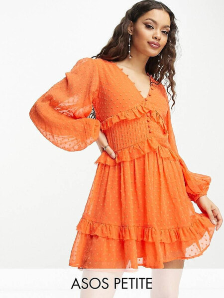 ASOS DESIGN Petite button through pintuck mini dobby dress in bright orange 