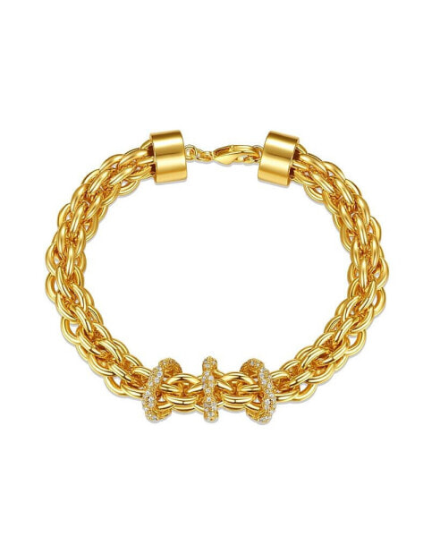 14k Yellow Gold Plated with Cubic Zirconia Triple Circle Round Woven Braided Link Chain Bracelet