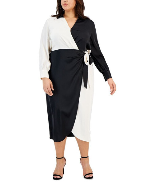 Plus Size Colorblocked Wrap Midi Dress