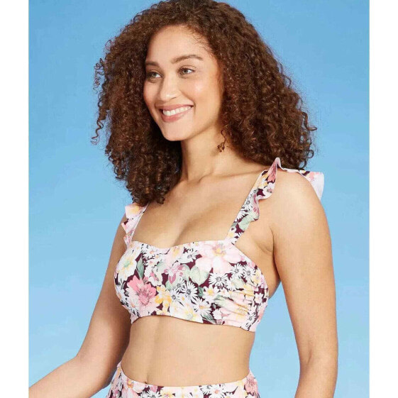 Women's Ruffle Strap Bralette Bikini Top - Shade & Shore™ Cinnamon Floral 36D