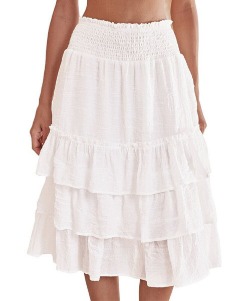 Women's White Smocked Waist Tiered Ruffle Midi Skirt