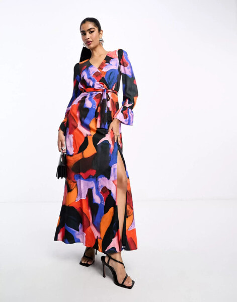 French Connection tie waist maxi dress in dark paint splash