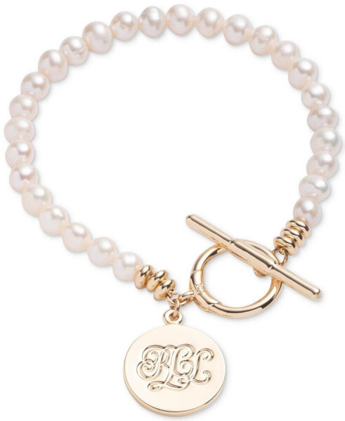 Gold-Tone White Freshwater Pearl (5-6mm) Logo Flex Bracelet