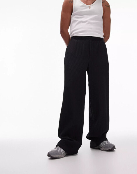 Topman extra wide plisse trousers in black