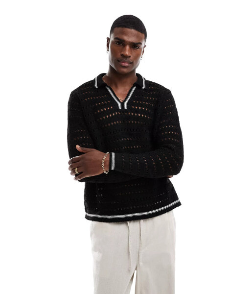 ASOS DESIGN relaxed knitted polo crochet jumper in black