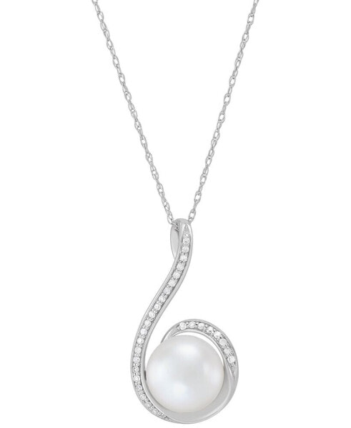 Cultured Freshwater Pearl (9mm) & Diamond (1/10 ct. t.w.) Swirl 18" Pendant Necklace in 14k White Gold