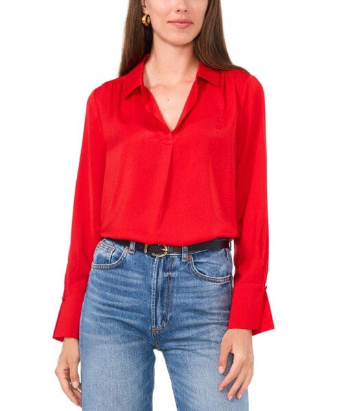 Women's Long-Sleeve Collared V-Neck Top