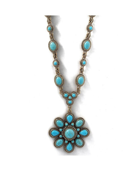 Women's Large Turquoise Stone Flower Necklace in Silver or Gold Tone