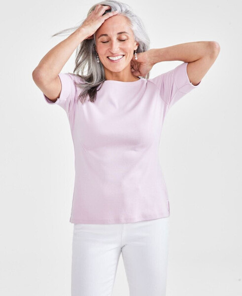 Petite Cotton Elbow-Sleeve Boat-Neck Top, Created for Macy's