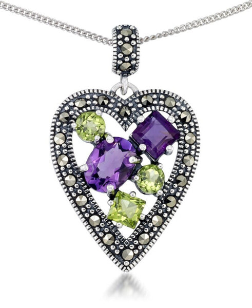 Amethyst (1-5/8 ct. t.w.) & Peridot (1-1/3 ct. t.w.) Marcasite Heart Pendant on 18" Chain in Sterling Silver