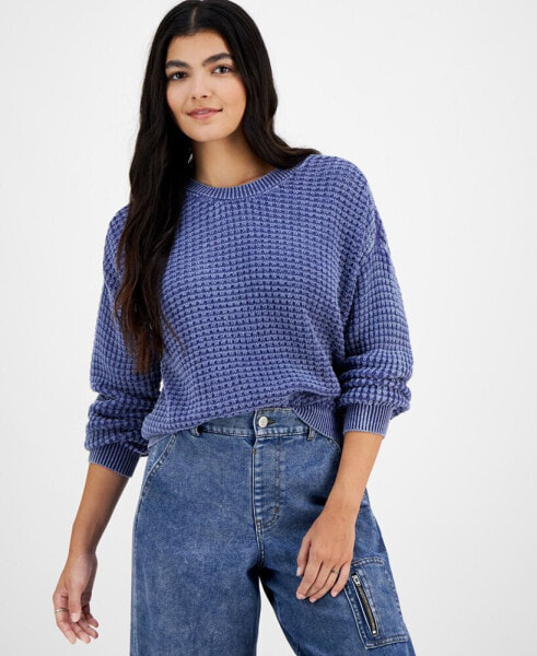 Juniors' Cotton Waffle-Knit Crewneck Sweater